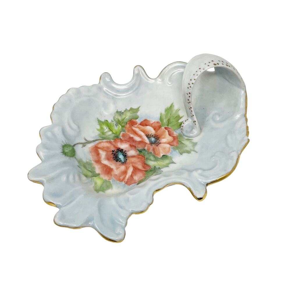 Vintage Pastel Blue Trinket Soap Jewelry Dish Red Poppies w Gold Trim 6 Inch MCM